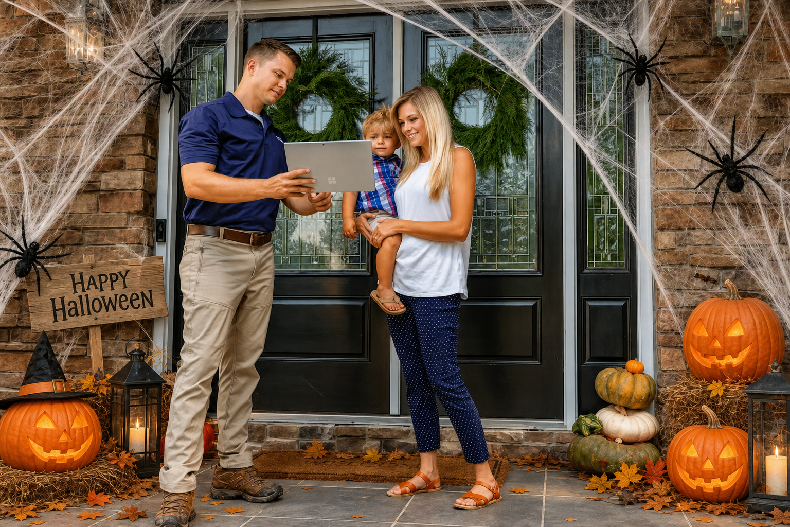 Eastline Pest Management technician consulting with family on their Halloween-decorated porch in New Bern NC